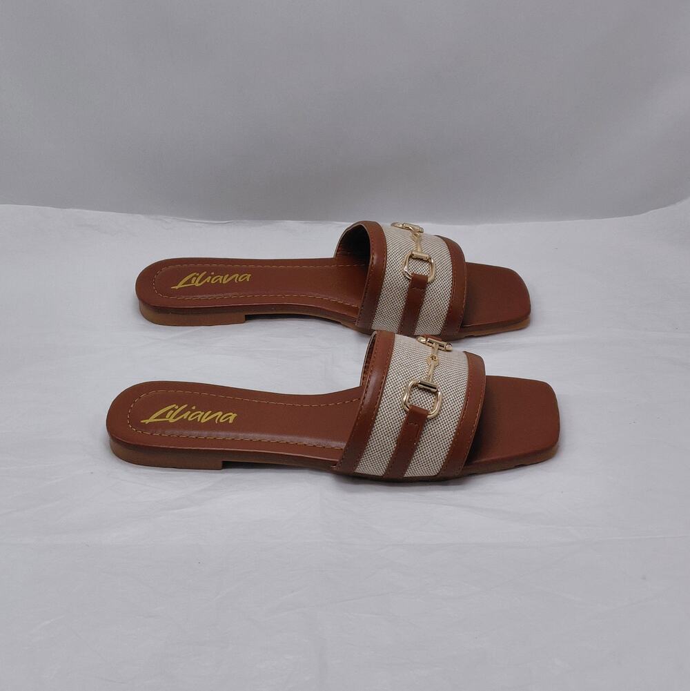 Liliana Womens Kyra-6 Sandals Size 8.5 Tan Horsebit Square Toe Slides Chic Shoes